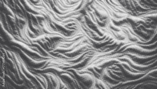  A high-contrast monochrome halftone texture featuring flowing abstract swirls and dotted patterns reminiscent of fabric or print backgrounds, suitable for design projects requiring vintage