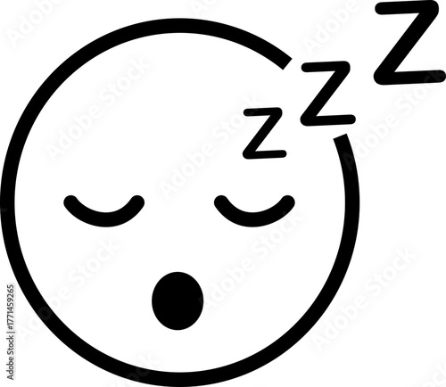 Sleeping face emoji with zzz vector icon in black flat and line style, includes tired face symbol, rest sleep emoticon, nap relaxation illustration, dream and bedtime concept