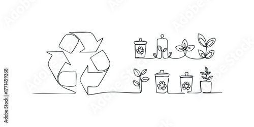 Line art symbols of recycling and growing plants