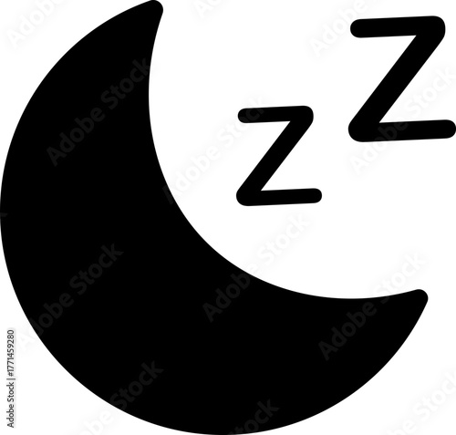 Sleeping moon icon in black flat and line style, includes night sky crescent, dream rest symbol, calm bedtime illustration, peaceful night sleep and relaxation concept