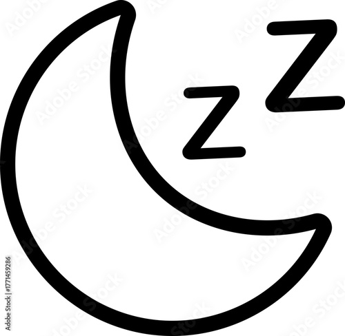 Sleeping moon icon in black flat and line style, includes night sky crescent, dream rest symbol, calm bedtime illustration, peaceful night sleep and relaxation concept