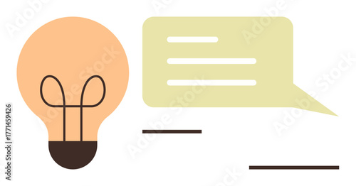 Lightbulb next to a speech bubble with text lines, symbolizing innovative ideas, inspiration, and discussion. Ideal for creativity, brainstorming, communication, collaboration, learning vision