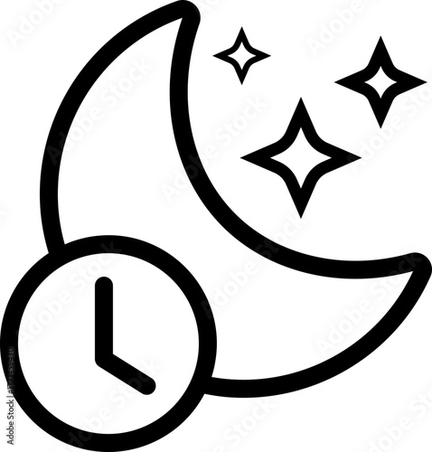 Sleeping moon with alarm clock icon in black flat and line style, includes night crescent, bedtime rest, sleep reminder, dream wake up alert, relaxation and peaceful night concept