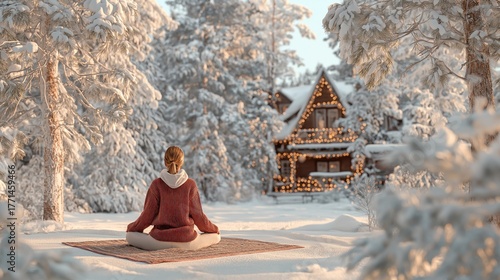 Winter yoga, Young woman meditates on blanket in snowy pine forest, Christmas decorations on background, serene atmosphere, concept of work life balance, self care, mindfulness and morning routine