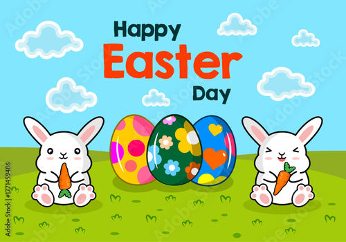 happy easter day greeting with cute bunnies and colorful decorative eggs on grass vector illustration