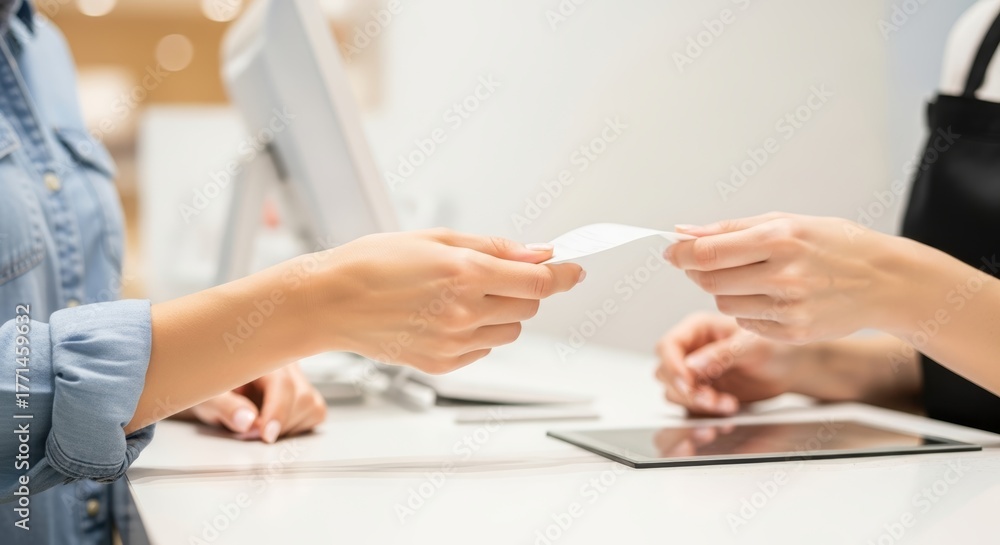 Obraz premium Female customer with denim shirt is handing over a payment card to cashier at retail checkout counter, showcasing the transaction process in a modern shopping environment