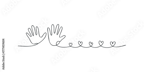 Continuous line drawing of open hands and hearts