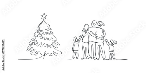 Family Hugging Christmas Tree Line Art