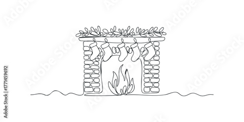 Line art fireplace with hanging stockings and burning fire