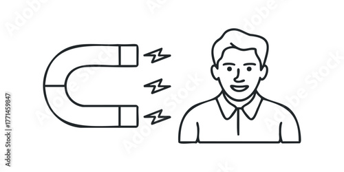 Person attracted by a horseshoe magnet and lightning