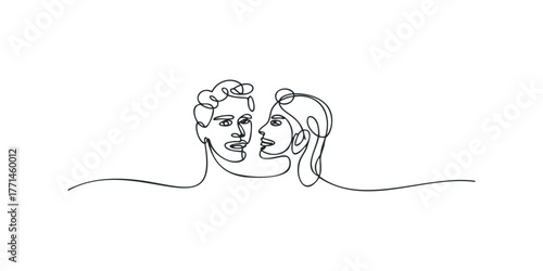 Continuous line drawing of a couple's faces looking at each other