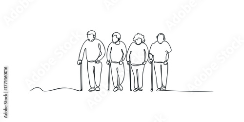 Four elderly people with canes standing in a row