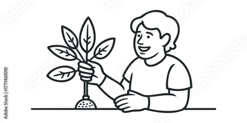 Person holding a small plant seedling in a garden