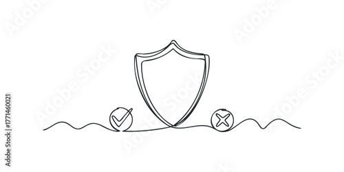 Shield with Check Mark and X Symbol Line Art