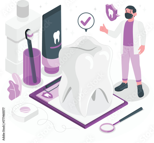 Dentist with giant tooth and dental hygiene products oral care