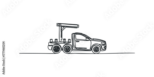 Line drawing of a multi-wheeled truck with overhead structure