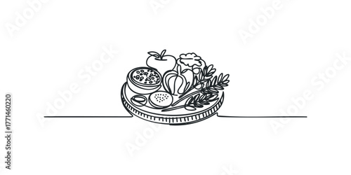 Continuous line drawing of a full bowl with fruits and nuts