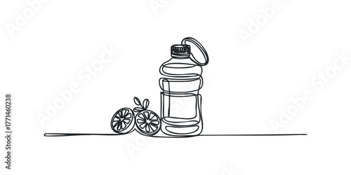 Continuous line drawing of a bottle with citrus slices and leaves