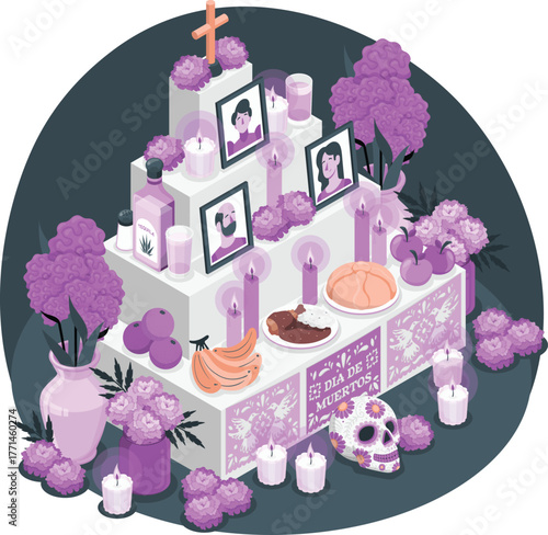 Day of the Dead altar with photos candles flowers and food ofrenda dia de muertos