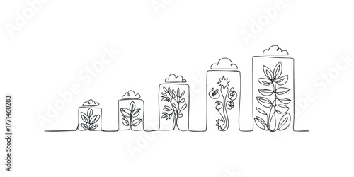 Continuous line drawing of plants in growing containers