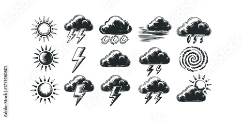Collection of stylized weather icons including sun, clouds and lightning bolts