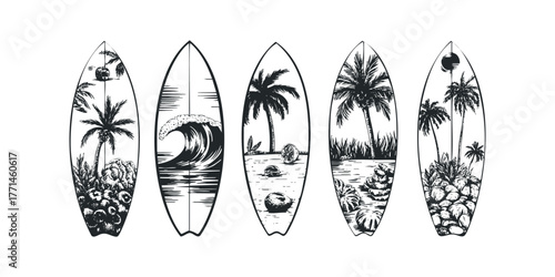 Five surfboard designs with tropical island and ocean wave scenes