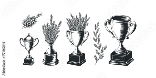 Collection of Vintage Trophies and Botanical Sprigs