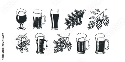 Collection of hand-drawn beer glasses and hops
