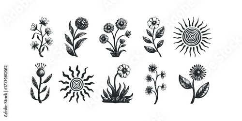 Black and white floral and sun motifs collection