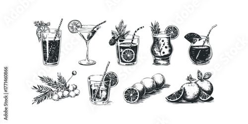 Assorted Refreshing Cocktails and Citrus Fruits Still Life