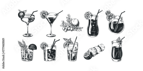 Set of Hand Drawn Cocktails and Fruits