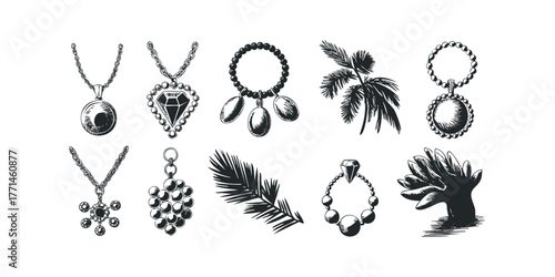 Collection of hand-drawn jewelry and tropical leaves