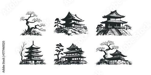 Asian Pagoda Structures with Bonsai Trees Collection