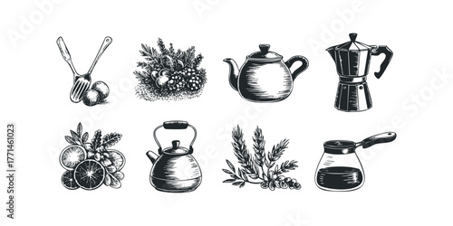 Vintage kitchen and beverage preparation items drawing