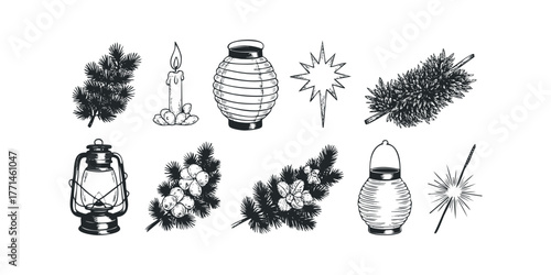 Collection of Hand Drawn Holiday and Winter Themed Objects