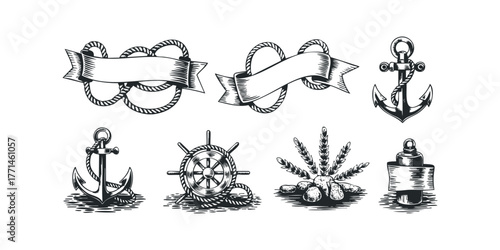 Nautical emblems with anchors ropes and wheel