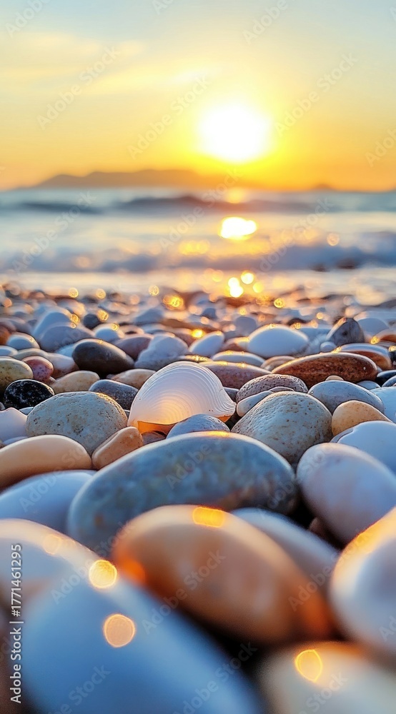 Obraz premium Beautiful beach with pebbles sunlight colorful nature.