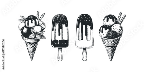 Assortment of Hand Drawn Ice Cream Cones and Popsicles
