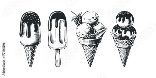 Four assorted frozen desserts in cones and on sticks