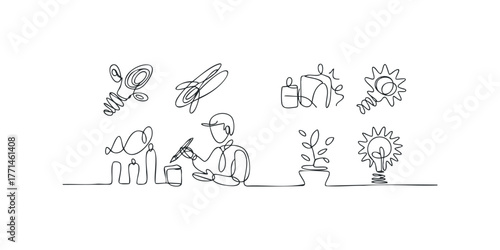 Continuous Line Drawing of Person Creating Ideas and Growth