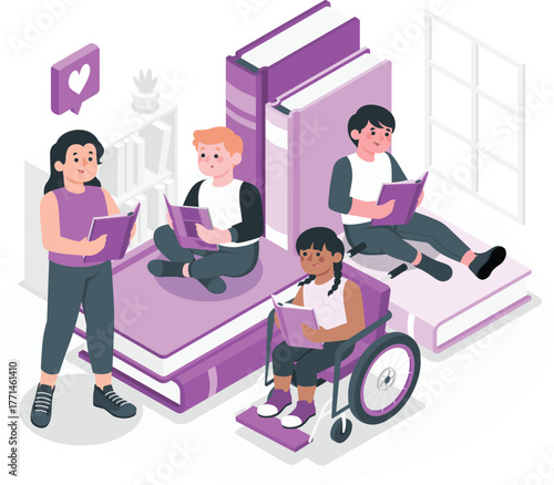 Diverse children reading books on large books in a library call illustration
