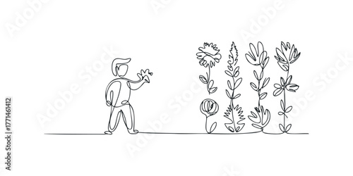 One line drawing person reaching for various abstract flowers