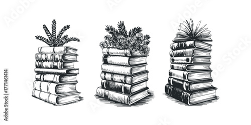 Three stacks of vintage books with plants and flowers