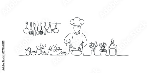 Chef preparing food at kitchen counter with utensils and plants