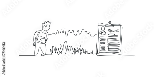 Man facing resume document with wavy lines connecting them