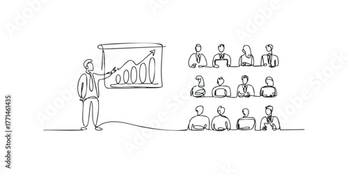Business professional presenting growth chart to seated audience in minimalist line art style