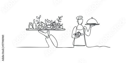 Server carrying tray of food and covered dish