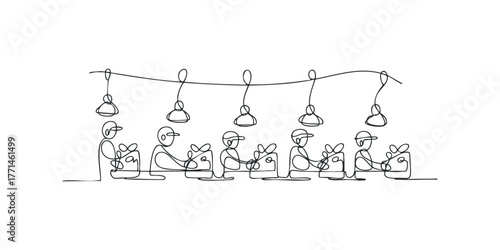Line art of people assembling gifts under lights