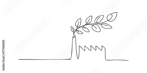 Plant growing from factory chimney line art