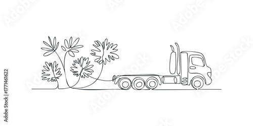 Line art tractor trailer with flowers on white background